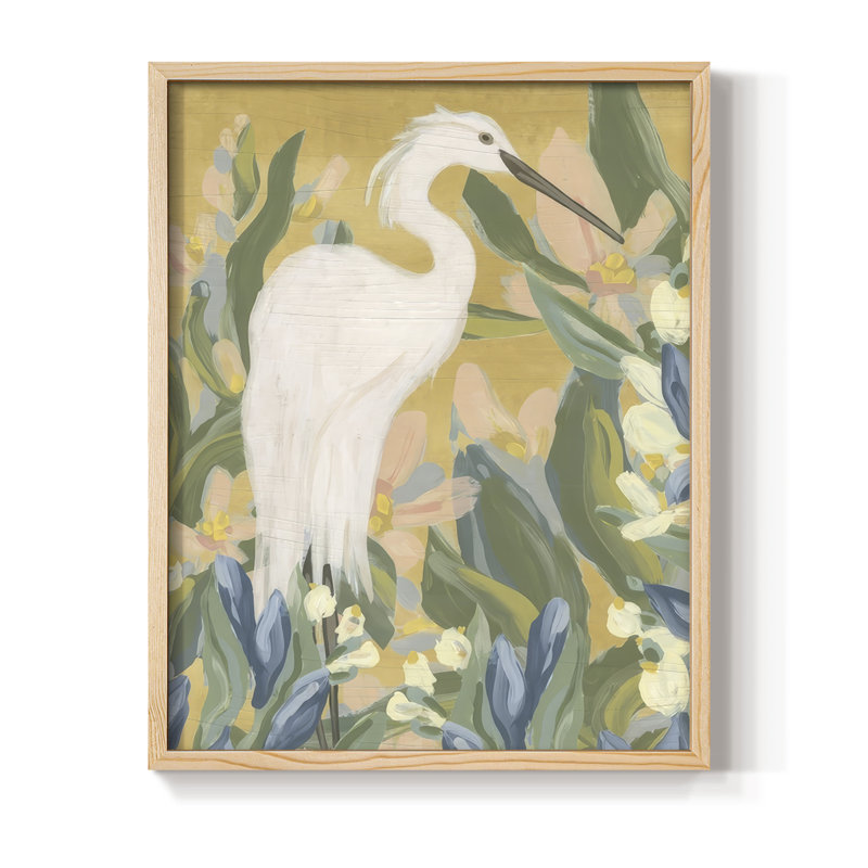 Floral Egret II, reproduction encadrée - bois massif, Naturel, H 11 po x l 9 po