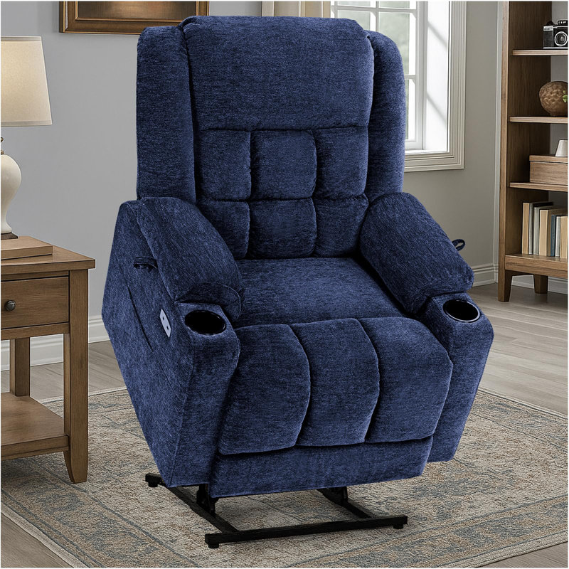 EONIX Dual Motor Lay Flat Power Lift Recliner Chair for Elderly, Electric Recliner Lift Chair for Adults with Cup Holders, 400lbs Heavy Duty Power Lift Sofa with Heat and Massage, Navy Blue