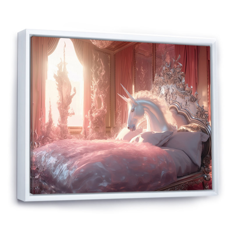 Lit de licorne gracieux sur toile, Cadre flottant blanc, H 12 po x l 20 po x P 1 po