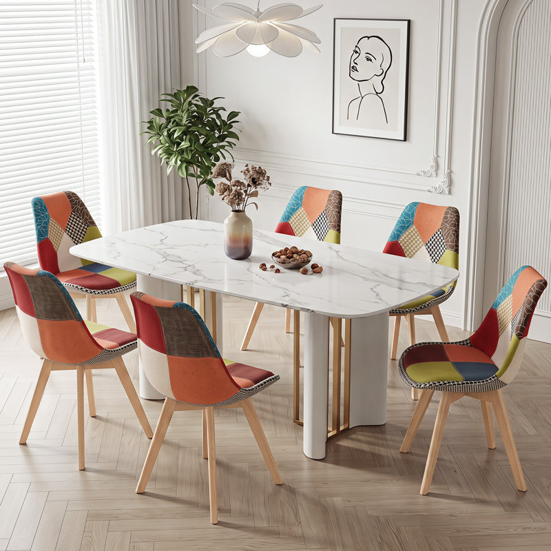 42.5cm H Patchwork Fabric Dining Chair, Retro Style Upholstered Side Chair with Solid Wood Legs, Red/Blue/Green