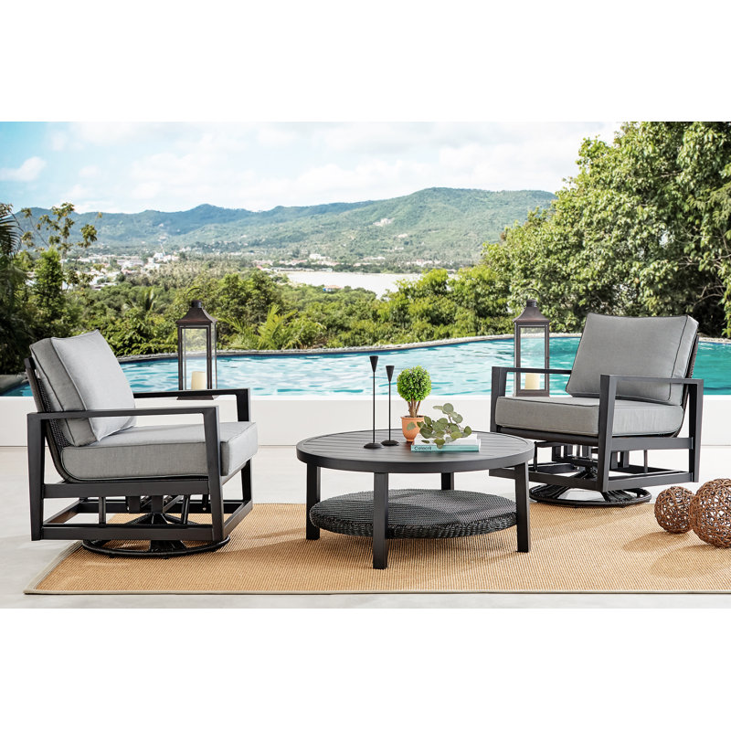 Ensemble de conversation d'extérieur 3 pièces en aluminium noir avec coussins gris foncé Gerri