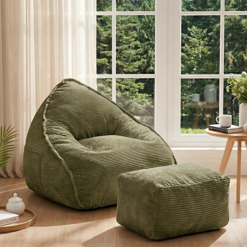Large Bean Bag Chair Set with Ottoman and Side Pocket for Adults, Green Corduroy