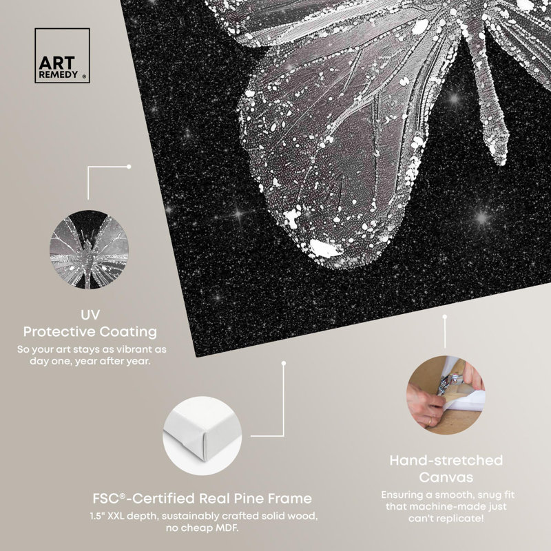 Sparkling Silver Butterfly Canvas Art with Wooden Frame