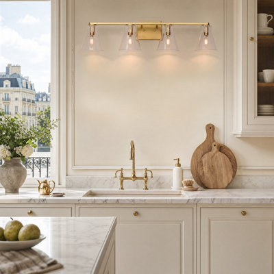 Billie 32" 4-Light Antique Brass Cone Glass Bathroom Vanity Light