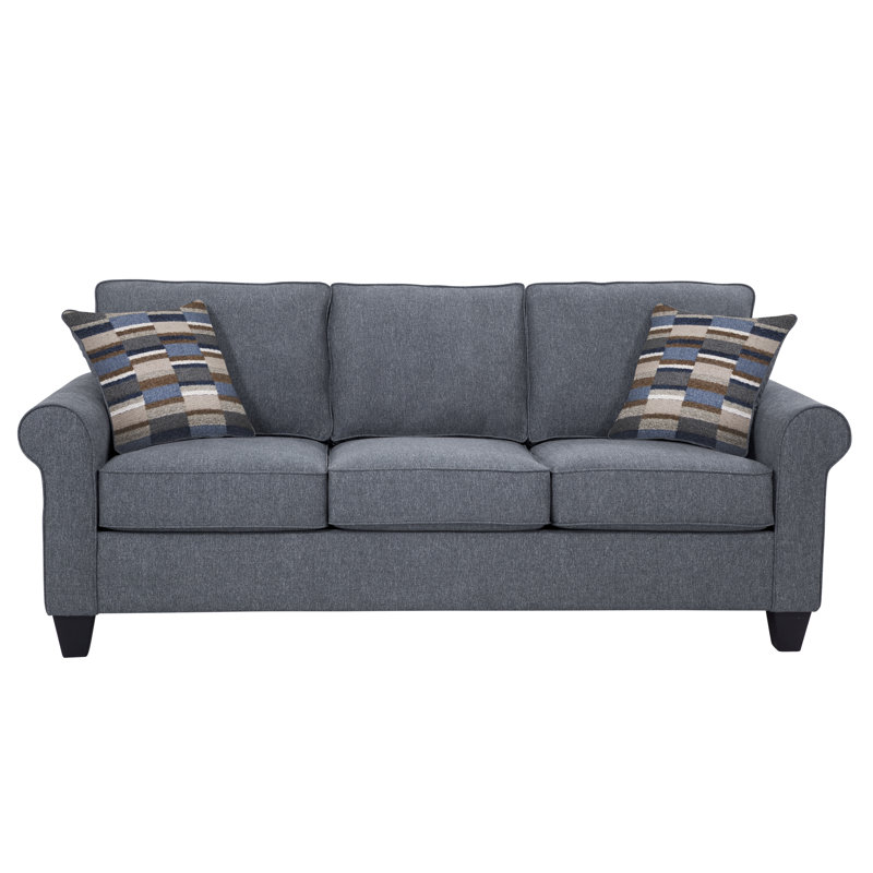 Blue Linen Rolled Arm Sofa with Removable Cushions