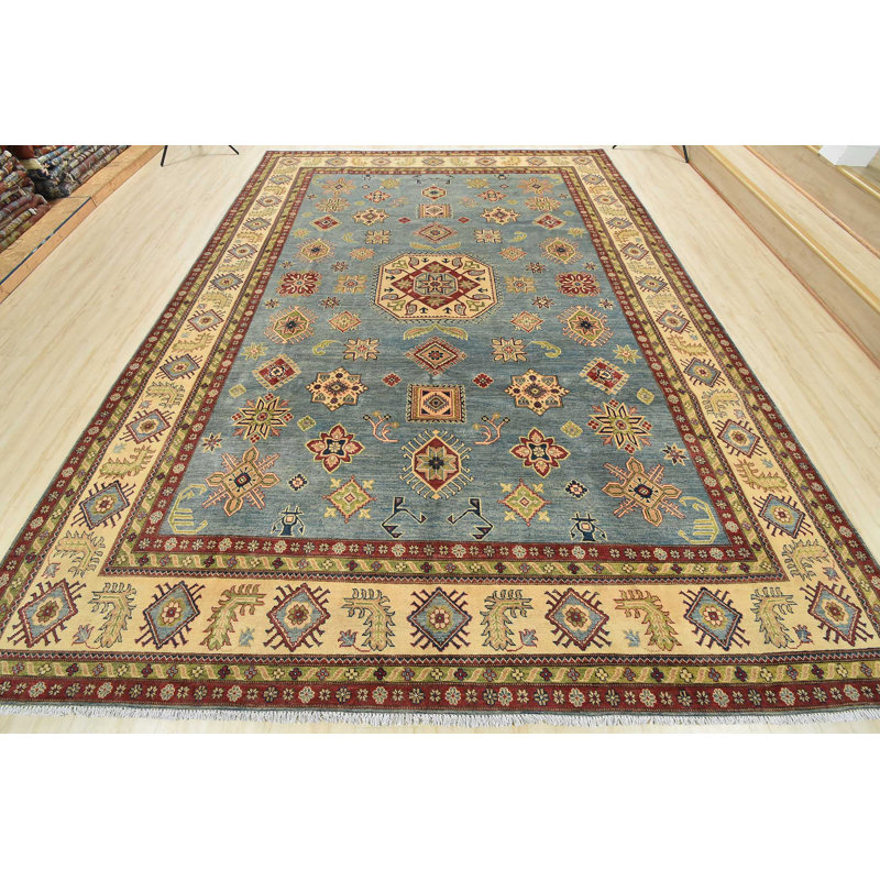 Tapis oriental géométrique en laine noué à la main bleu / beige / rouge 9 pi 11 po x 13 pi 5 po Kazak