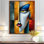 Essentiel, orange, bleu, géométrique, portrait, moderne, femme, art mural, salon