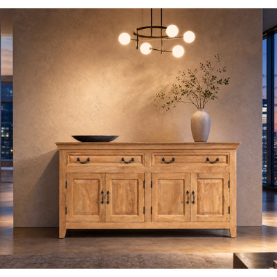 Loon Peak Jamya 69" Solid Wood Sideboard Buffet Oak Finish, Storage Cabinet 69"W x 16"D x 35"H