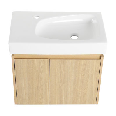 Lavabo de salle de bain 24 po, flottant mural avec lavabo en céramique, armoire de rangement en bois à double porte, lavabo en chêne de style contemporain 24 po, pour salle de bain, accessoire