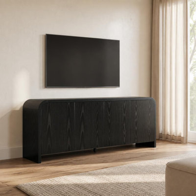 Meuble télé de style ferme aux bords arrondis avec grands placards pour téléviseurs jusqu'à 70 pouces, console multimédia minimaliste en bois veiné avec gestion des câbles, meuble télé de style milieu du siècle avec étagères réglables