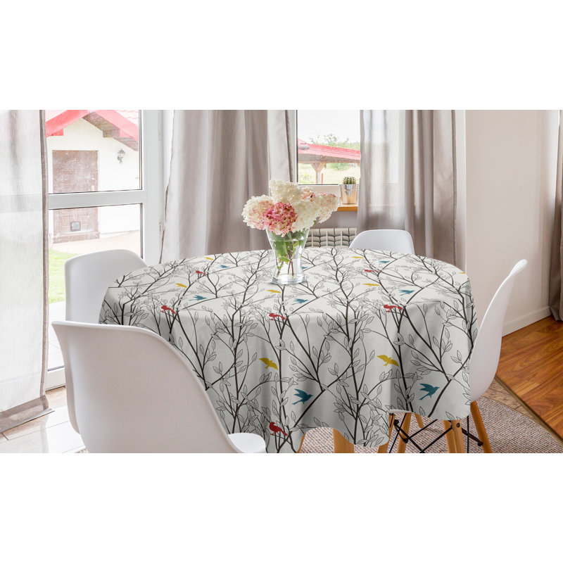 Ambesonne Birds Round Tablecloth, Spriggy Forest Trees With Leaves And Flying Burgundy Blue And Mustard Swallow Birds, Circle Table Cloth Cover For Dining Room Kitchen Decoration, 60", Multicolor
