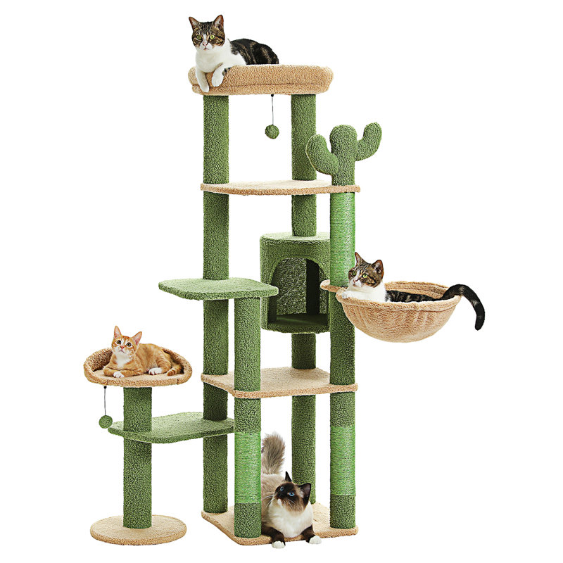 59" Green and Beige Sisal Cactus Cat Tree Tower with Hammock and Perches