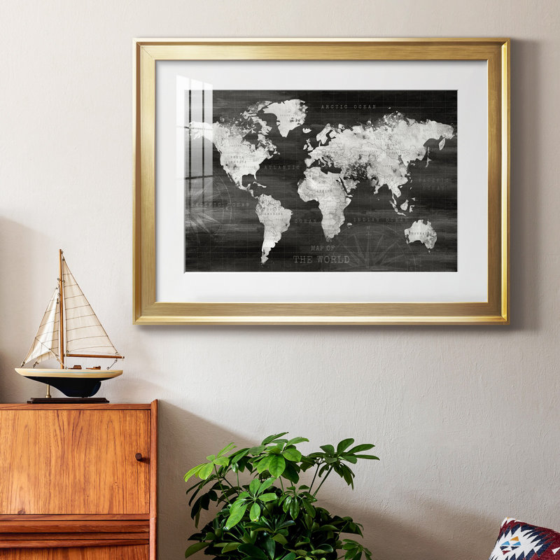 «Industrial World Map», reproduction encadrée de qualité supérieure - prête à être accrochée, Cadre doré