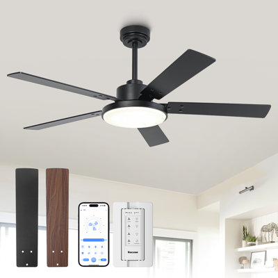 Ventilateur de plafond intelligent de 52 po avec lumières DEL 3CCT à intensité variable et télécommande, moteur CC réversible à 6 vitesses, minuterie, pales de bois à double face, tiges verticales de 6 po / 10 po, pour utilisation intérieure