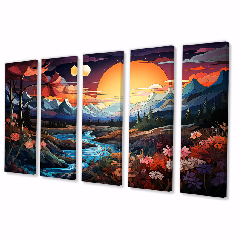 «Yellow Enchanted Meadows Fantasy II», paysages abstraits, art mural 5 pièces, H 32 po x l 80 po