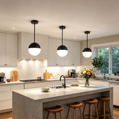 2 Pack Globe Pendant Light, Modern Iron & Milky White Glass Hanging Light with Adjustable Rod, E26 Base Sphere Ceiling Pendant Fixture for Kitchen Island, Dining Room, Bedroom