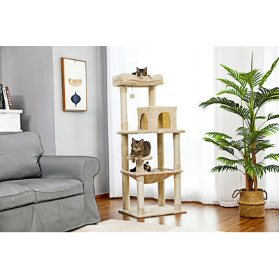 Arbre à chat de 56,3 po de hauteur pour chats d'intérieur, tour de chat à plusieurs niveaux avec hamac très grand (20 po x 16 po), poteaux à griffes recouverts de sisal, condo confortable et perchoir supérieur