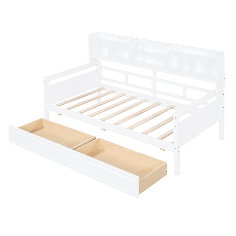 Lit de jour simple blanc avec support en lattes de bois, deux tiroirs et tablette de chevet - Rehausse l'ambiance de votre maison