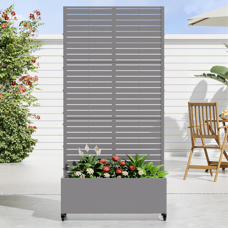 Metal Planter Box with Trellis with Wheels, 72" H x 35" W x 16" D, Gray