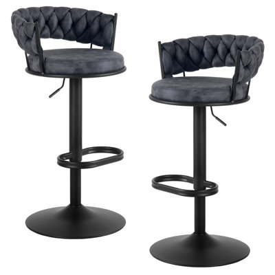 Modern Woven Dark Gray Suede Fabric Tufted Back Swivel Bar Stools With Adjustable Height Black Metal Base And Footrest Stylish Stools For Kitchen Counter Breakfast Bar Or Home Bar, Set Of 2