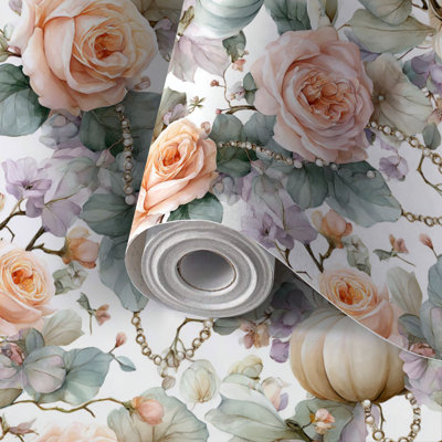 Papier peint adhésif peler et coller en PVC, revêtement mural auto-adhésif amovible avec imprimé de citrouilles roses aquarelle Cottagecore, imperméable pour la décoration intérieure - Rouleau
