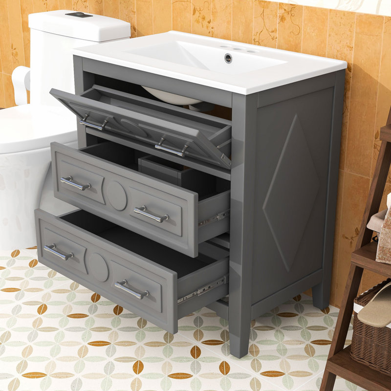 Elegant Wooden Bathroom Vanity with Basin and Drawers, Gray