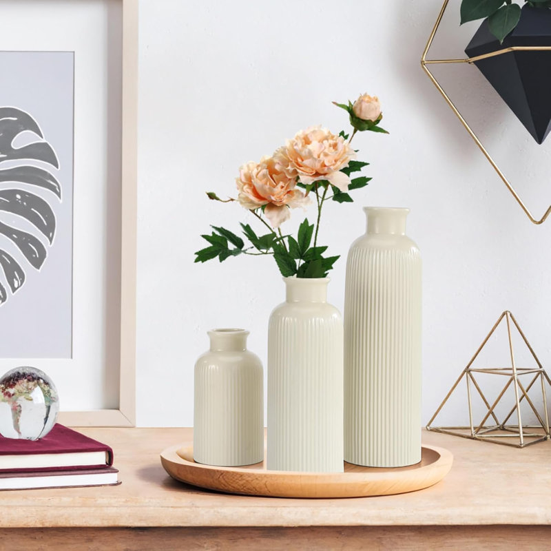 Beige Ceramic Vase Set Of 3, Boho Modern Beige Flower Vase Room Decor, Farmhouse Decor, Vases For Your Kitchen, Bathroom, Bedroom, Living Room, Office And Shelf Centerpiece Table Decorations