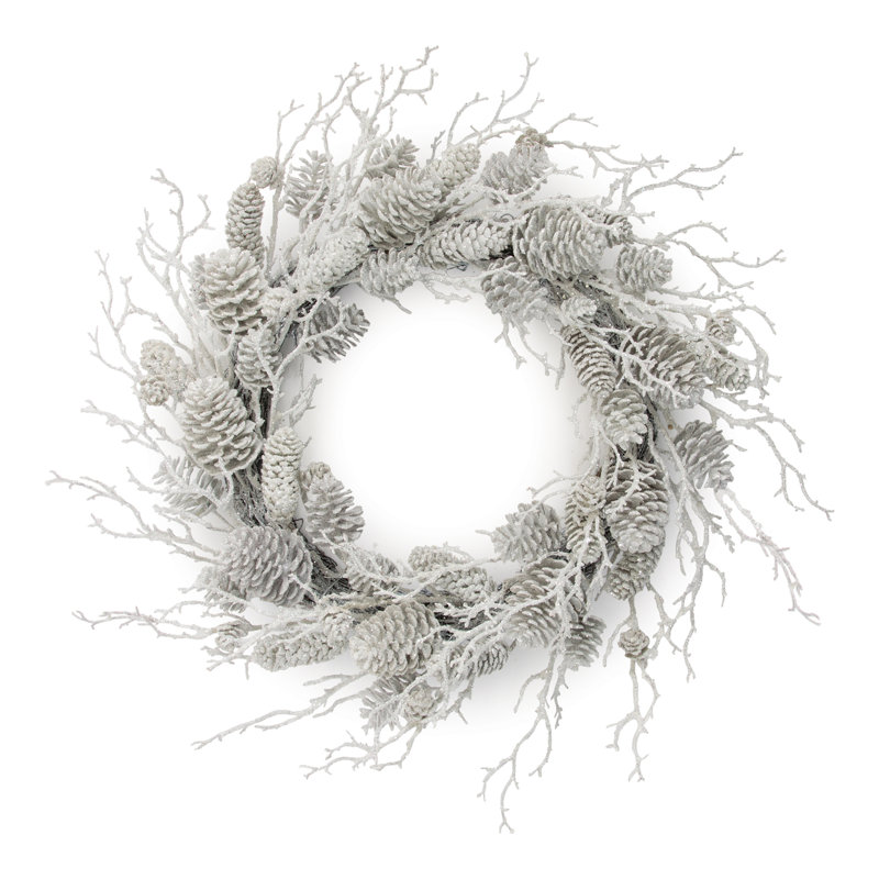 Couronne de pin floquée et brindille 24 po