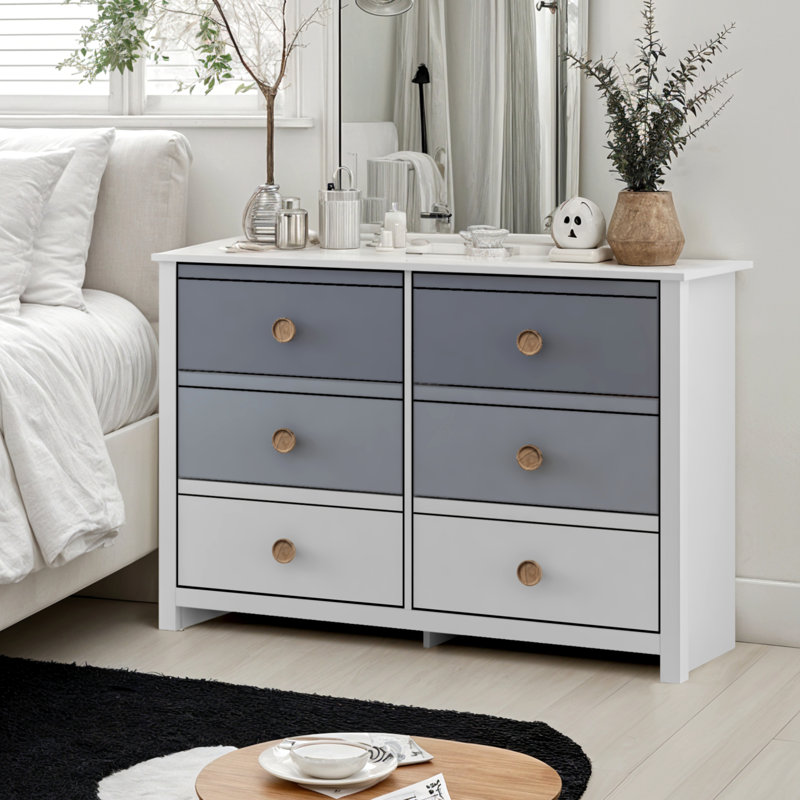 Bustillo 46.1'' W kids 6 -Drawer Dresser, White/Night Owl/Cool Gray