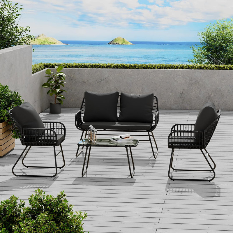 4-Piece Outdoor Rattan Patio Furniture Set With Cushions & Tempered Glass Table, All-Weather Wicker Conversation Set For Garden, Poolside, Porch-Black