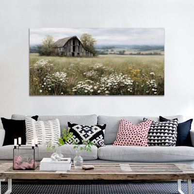  Art mural printanier sur toile, photos de paysages naturels, impressions de prairies florales, peinture de grange rustique, décoration murale sur toile pour le salon, grande affiche encadrée prête à être accrochée, 24 po x 48 po
