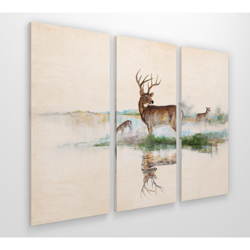 «Misty Deer», reproduction de peinture à l'acrylique à multiples images sur toile tendue, H 24 po x l 36 po