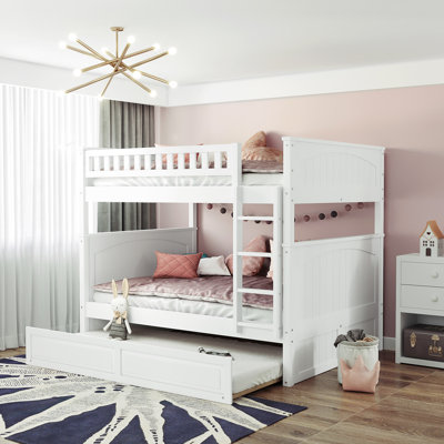 Full Over Full Bunk Bed with Twin Size Trundle, Pine Wood Bunk Bed with Guardrails by Harriet Bee
