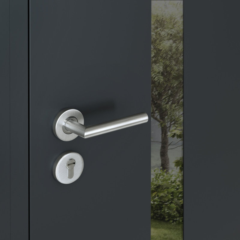 Porte d'entrée extérieure prémontée en acier Cynex 6777, inserts en acier inoxydable gris, style moderne, peint, largeur 81 cm x hauteur 203 cm, ouverture à droite vers l'intérieur.