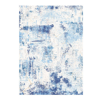 Large Area 5 X 7 Ft Modern Blue Washable Rug, Skid And Tear-, Backing Soft Velvety Short Pile Tear- With Tight Weave, Ideal For Interior Design In Different Styles