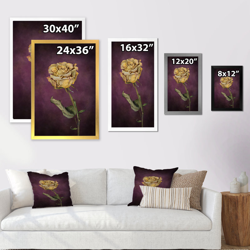 Jaune rétro rose séchée - peinture sur toile, Toile avec cadre photo noir, H 20 po x l 12 po x P 1 po