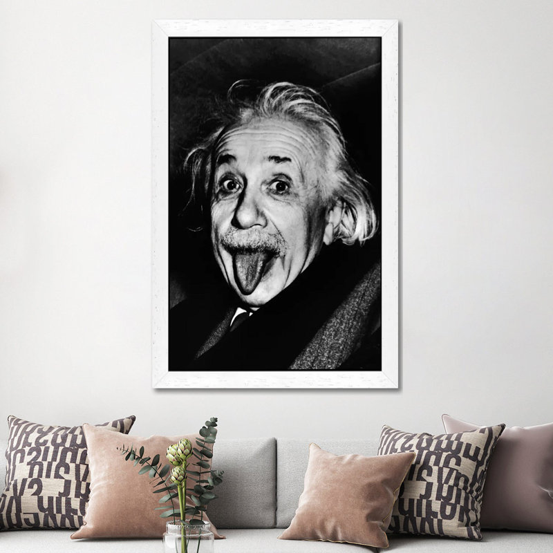 Albert Einstein, Sticking His Tongue Out by Arthur Sasse - Print on Canvas, 66.04 cm H x 45.72 cm W, White Framed