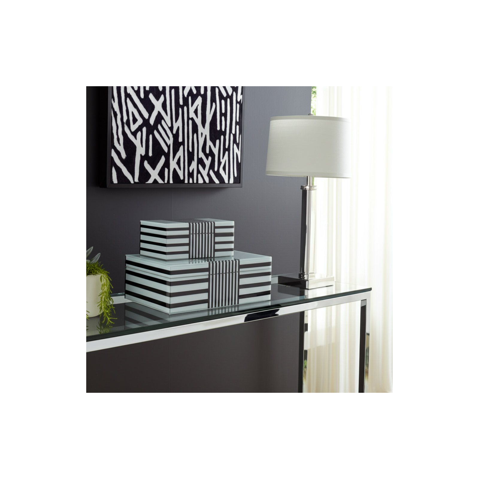 Set of 2 Decorative Storage Boxes Contemporary Black and White Striped Wooden Boxes