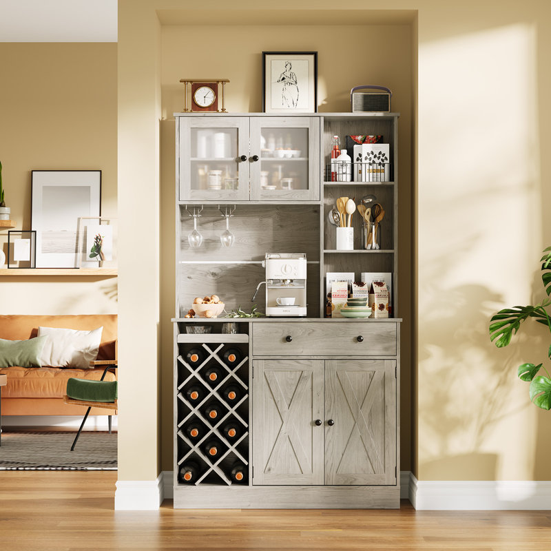 Coffee Bar Cabinet with Power Outlets & Sliding Barn Doors, Buffet Sideboard with 11-Bottle Wine Rack, Storage Cabinet for Kitchen & Dining Room