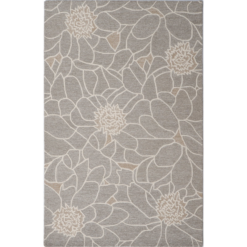 Tapis naturel / blanc en laine touffeté à la main à motif floral Corolla, Rectangle 5 pi 6 po x 8 pi 6 po