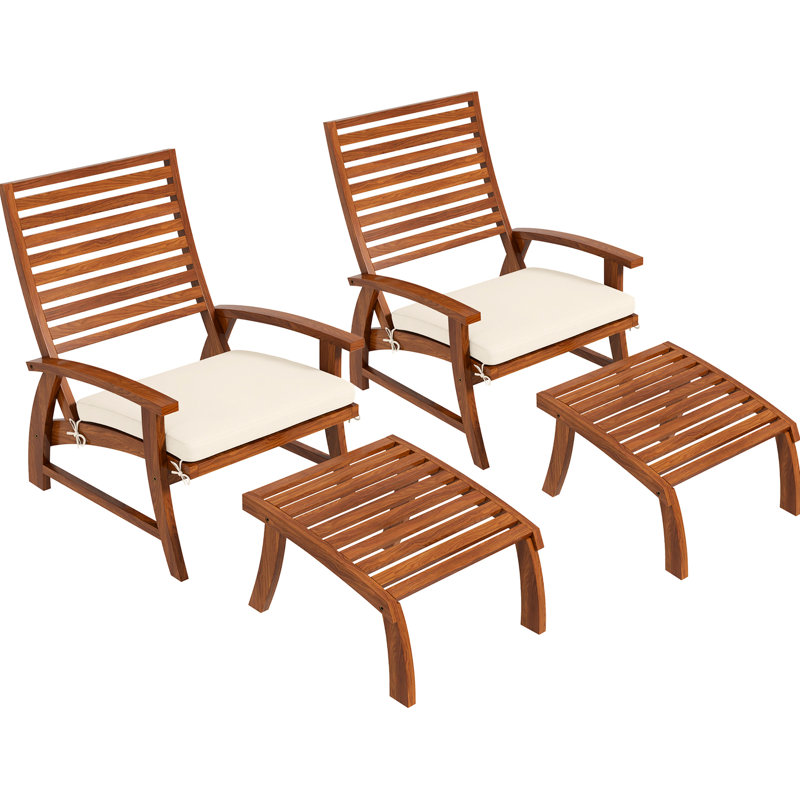 Chaise de patio pour l'extérieur 4 pièces, siège en bois avec coussins, tabouret de coussin à lattes blanc crème, dossier crème