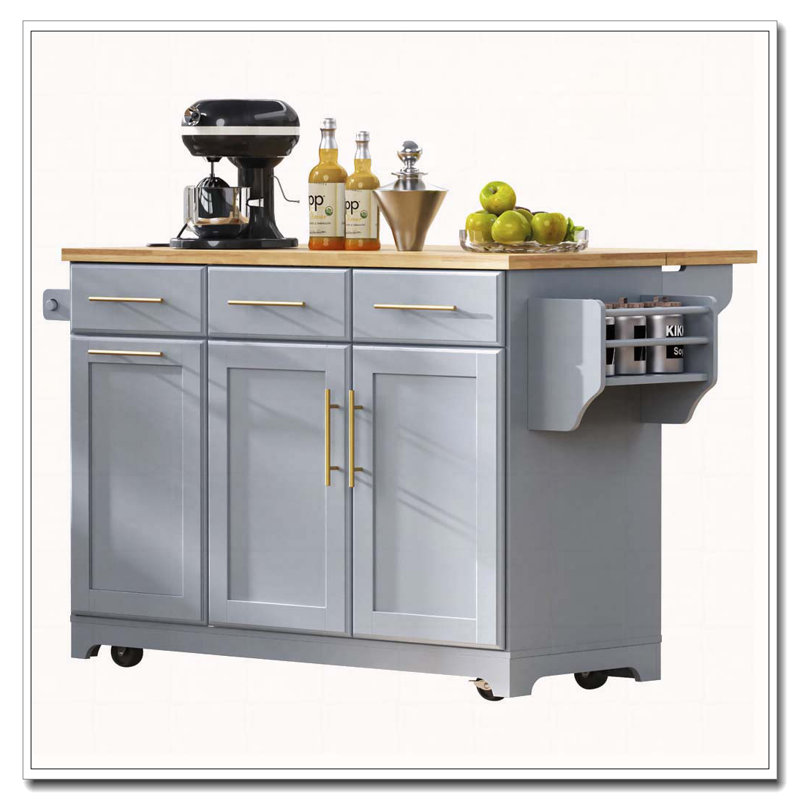 59.3" Kitchen Island with 2 Pull Out Cabinet Organizers & Rubber Wood Drop Leaf, Rolling Kitchen Island with Trash Can Storage, Power Outlet, Spice & Towel Rack for Kitchen, Dining