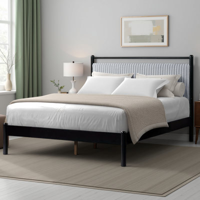 Wood Platform Bed Frame with Plush Headboard, Silent Slats & 8.8"Underbed Storage