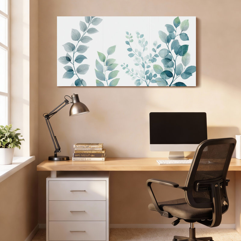 Ensemble de 1 tableau sur toile tendue, motif de feuilles botaniques de style aquarelle, H 12 po x l 36 po