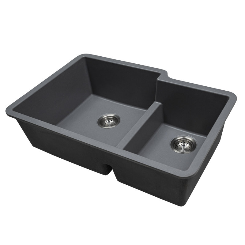 32 in. x 21 in. Quartz Undermount 60/40 Double Bowl Kitchen Sink, Gray