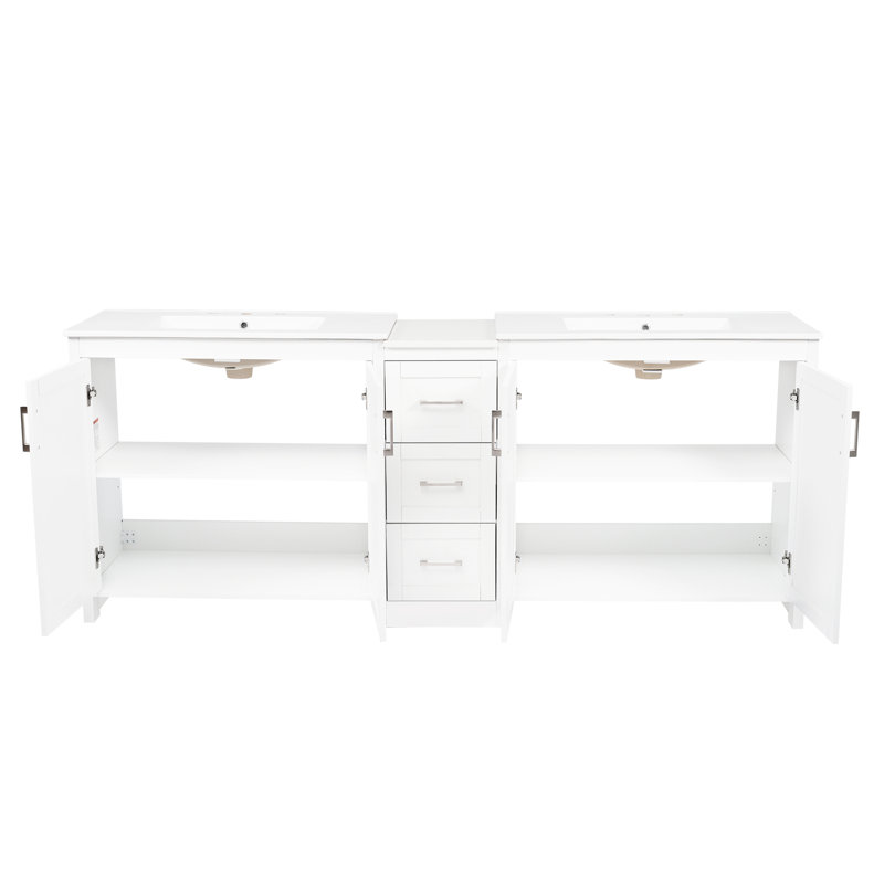 Meuble-lavabo double blanc de 84 pouces avec 2 lavabos en céramique, comptoir en quartz, rangement personnalisable, 3 tiroirs et poignées en métal argenté pour un décor de salle de bain moderne en pouces, tablettes réglables, tiroirs,