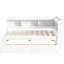 Lit simple en forme de L avec bibliothèques blanches, prises de courant, commode et deux tiroirs de rangement