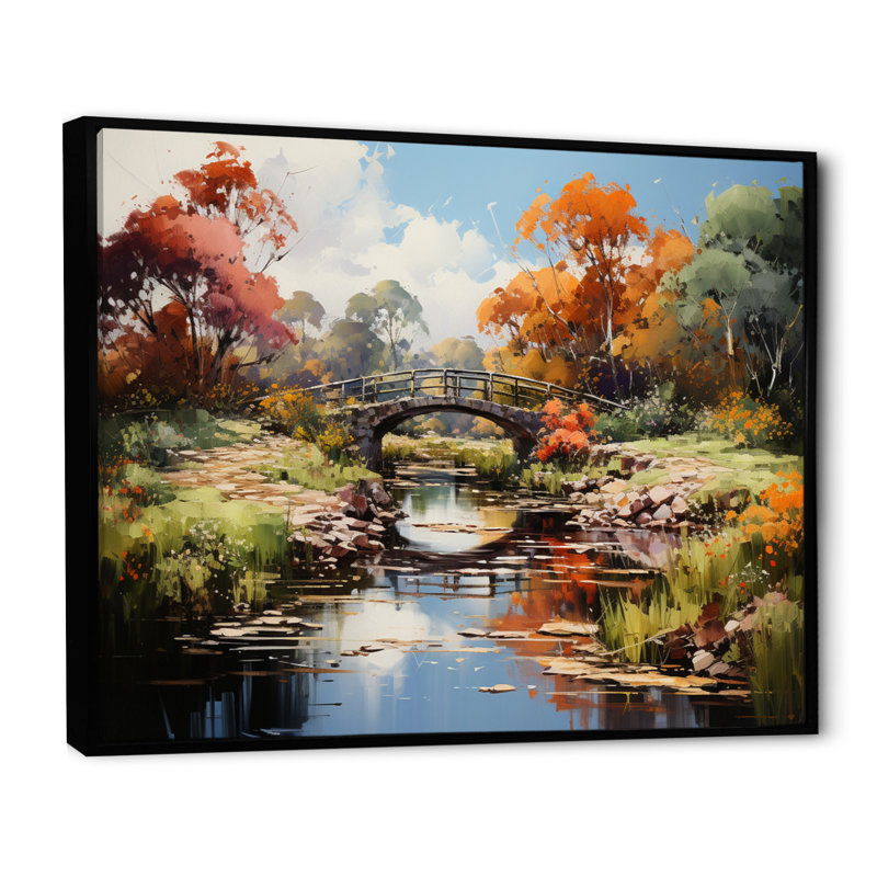 «Maisynn Green Bridge Impressionist Crossing An», reproduction sur toile, H 24 po x l 32 po x P 1 po, Cadre flottant noir