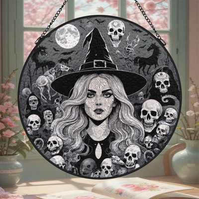 Signe de crâne de sorcière gothique vitrail pour fenêtre