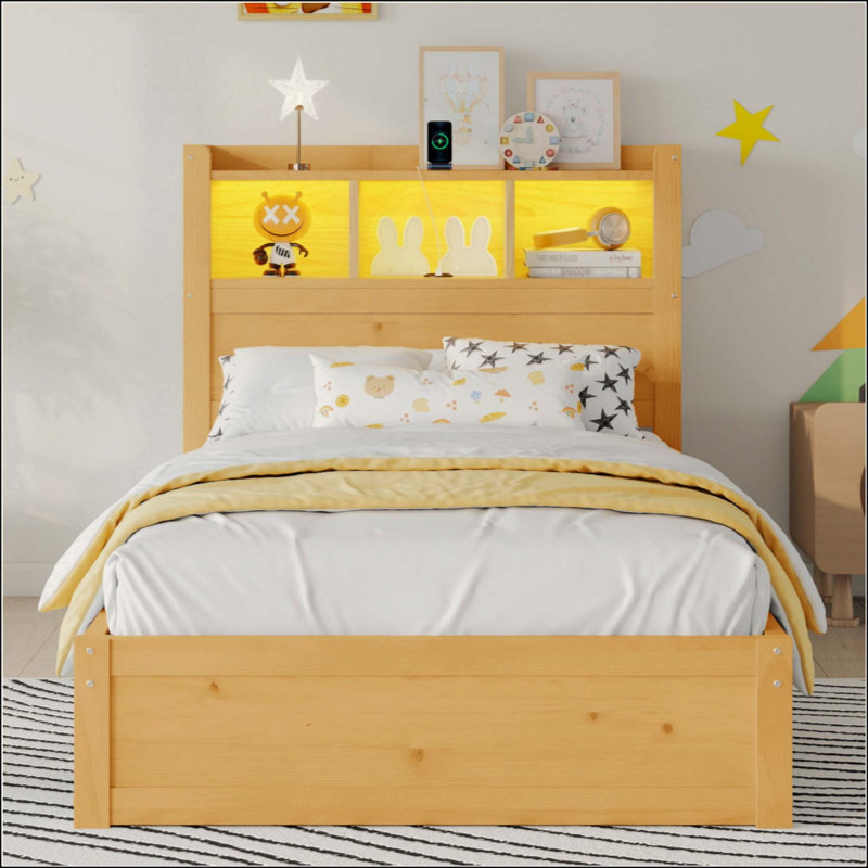 Lit avec tiroirs, lit en bois avec tête de rangement et armoire de rangement escamotable, lit en bois avec lumière et douille